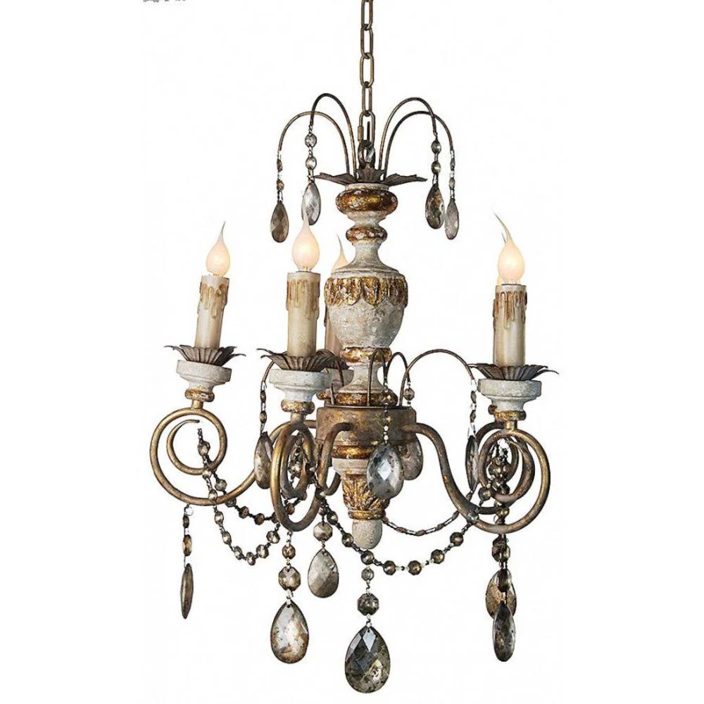 Provence Home Distressed Aged Carved Wood Antiqued Metal Chandelier