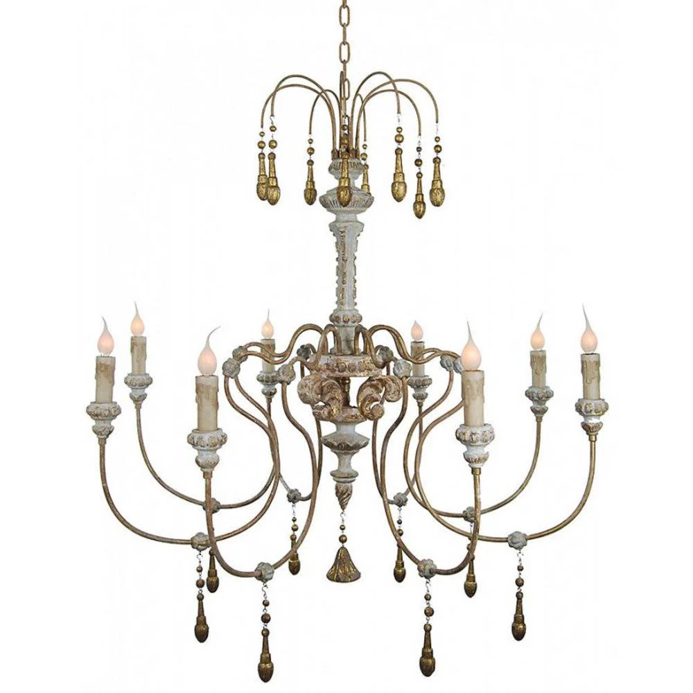 Provence Home Distressed Aged White & Gold Carved Wood Antiqued Metal 8 Arm Chandelier
