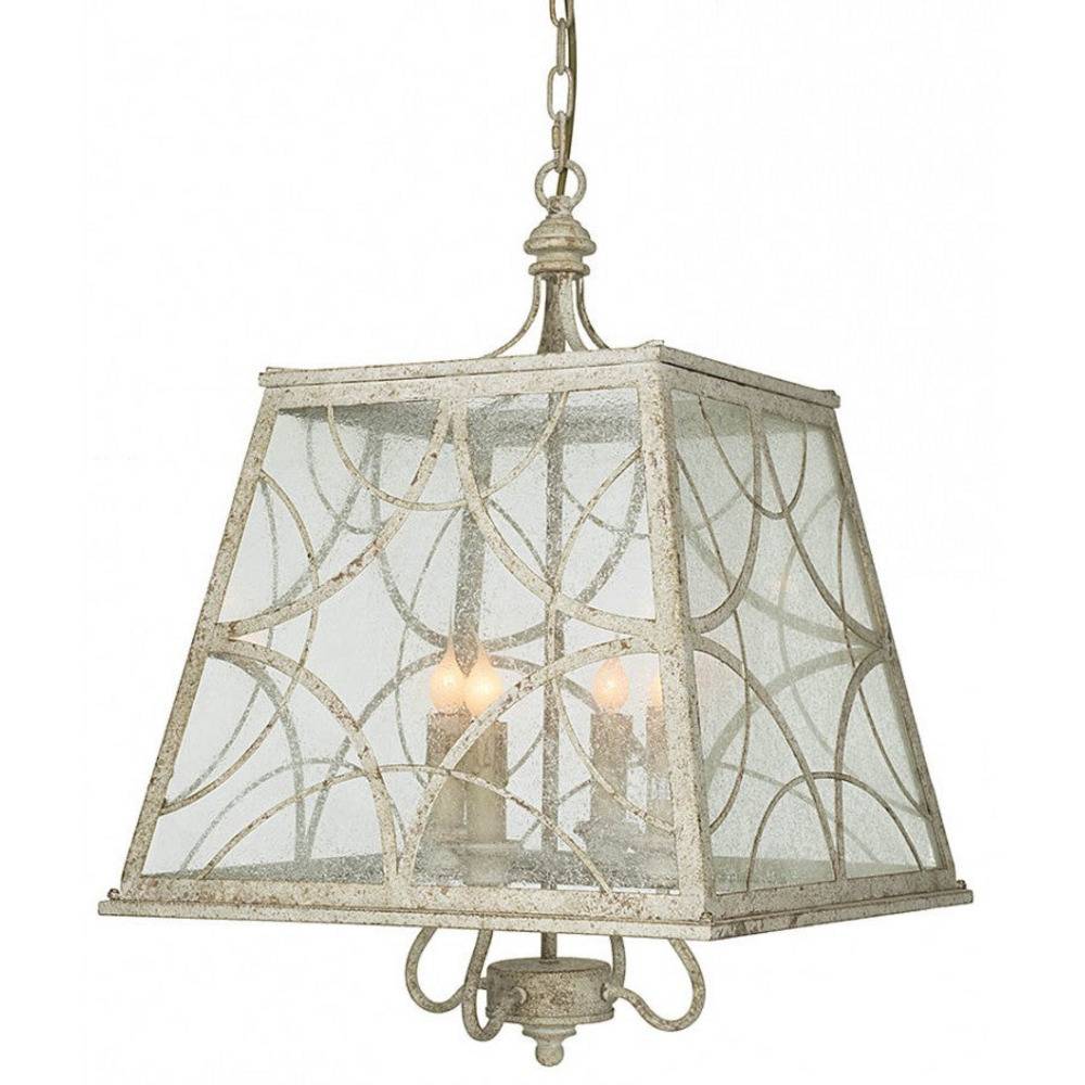 Provence Home Distressed Cream Carved Wood Antiqued Metal Lantern Chandelier With Seeded Glass Panels