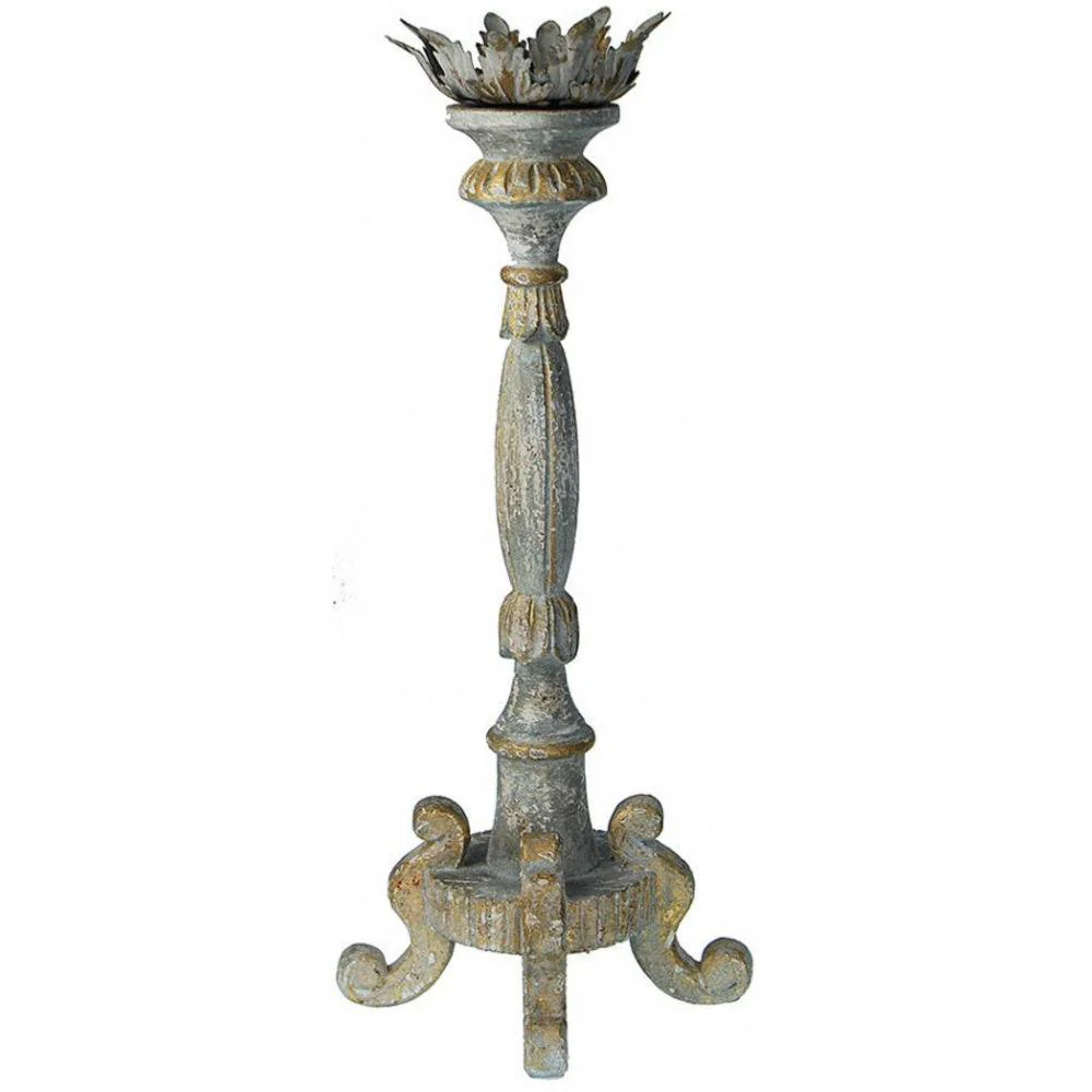 Provence Home Distressed French Blue, Grey & Gold Antiqued Carved Wood Candle Holder