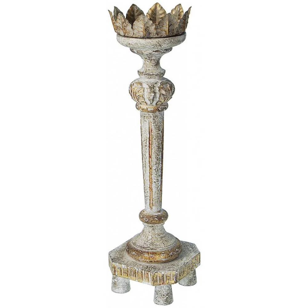 Provence Home Distressed White Antiqued Carved Wood Candle Holder