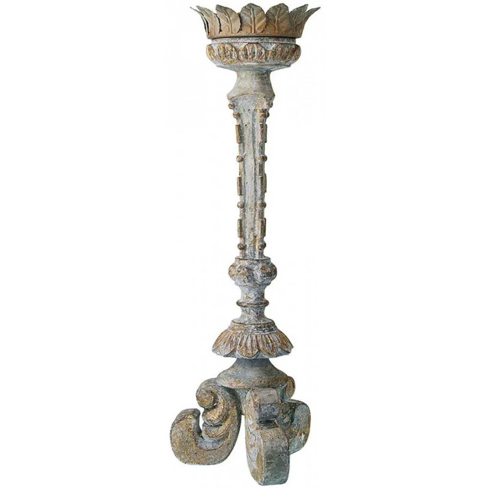 Provence Home Distressed French Blue, Grey & Gold Antiqued Carved Wood Candle Holder