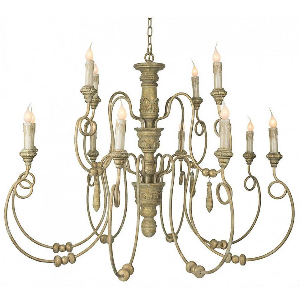Provence Home Distressed Aged Gold Carved Wood Antiqued Metal 12 Arm Chandelier