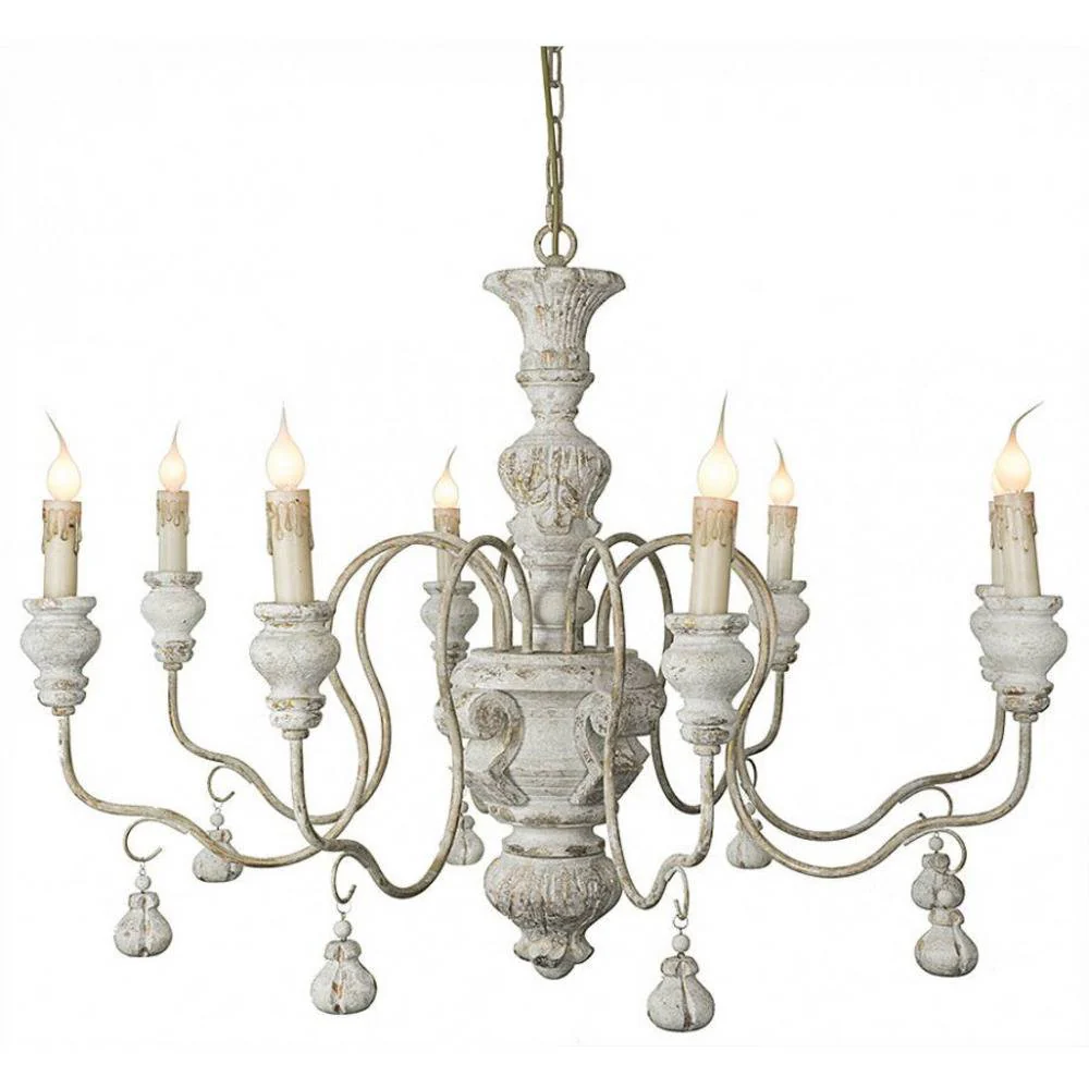 Provence Home Distressed French Grey Carved Wood Antiqued Metal Chandelier