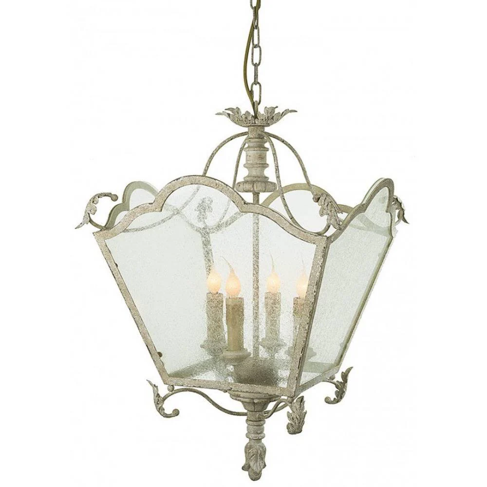 Provence Home Distressed Cream Carved Wood Antiqued Metal Lantern Chandelier With Seeded Glass Panels