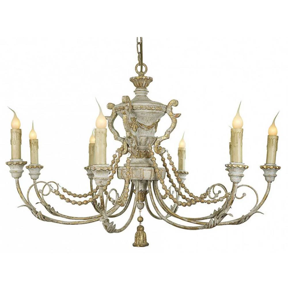 Provence Home Distressed French Grey & Gold Carved Wood Antiqued Metal 8 Arm Chandelier