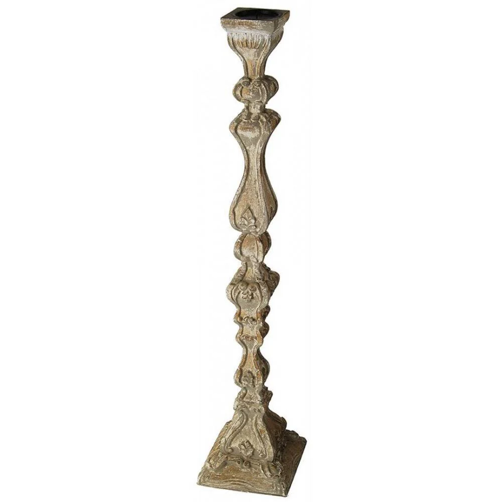Provence Home Distressed French Grey & White Antiqued Carved Wood Candle Holder