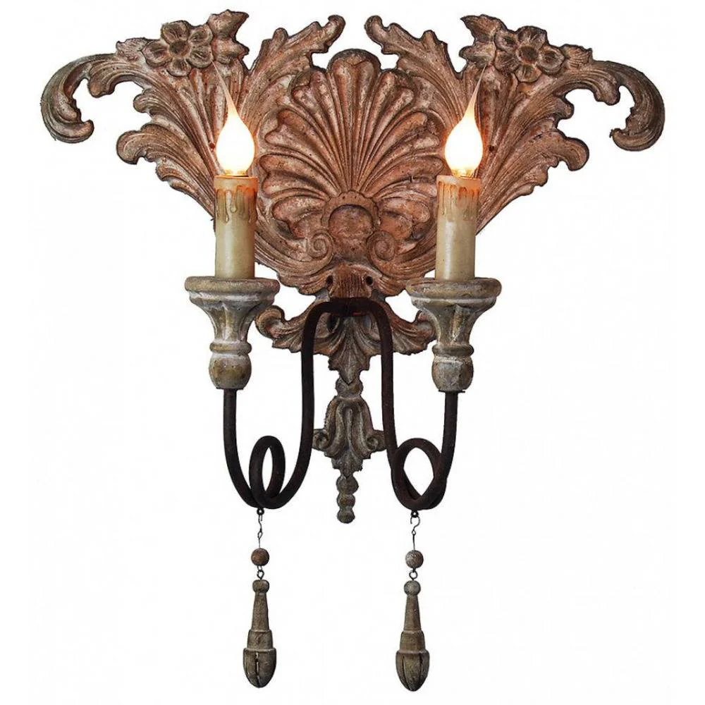 Provence Home Set of 2 Distressed Aged Natural Carved Wood Antiqued Metal Wall Sconces