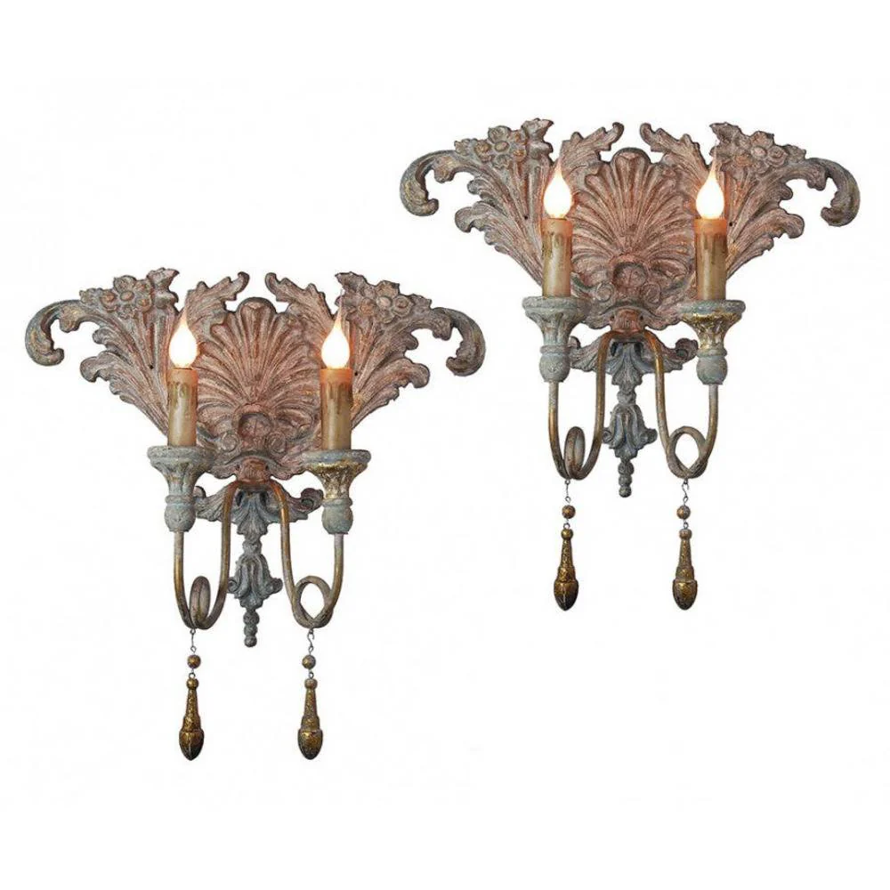 Provence Home Set of 2 Distressed French Blue & Gold Carved Wood Antiqued Metal Wall Sconces