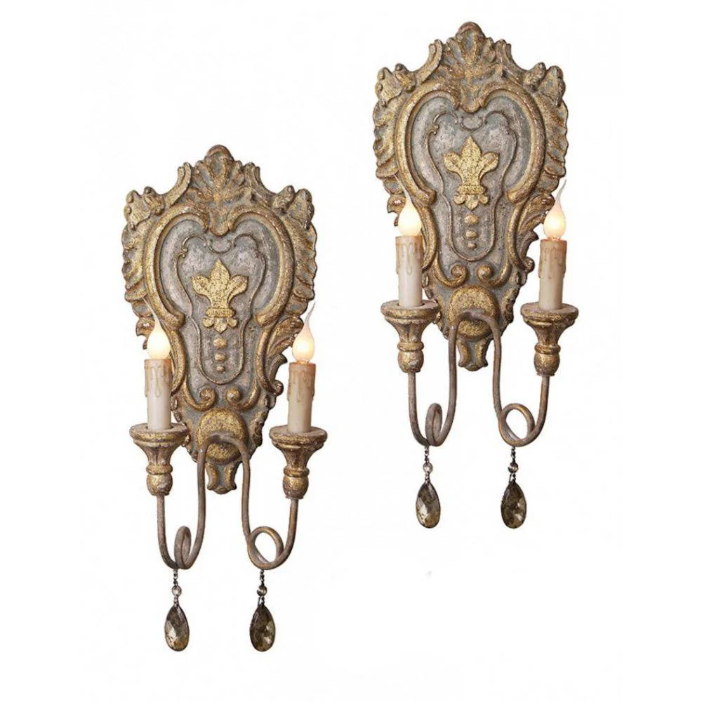 Provence Home Set of 2 Distressed French Blue & Gold Carved Wood Antiqued Metal Wall Sconces