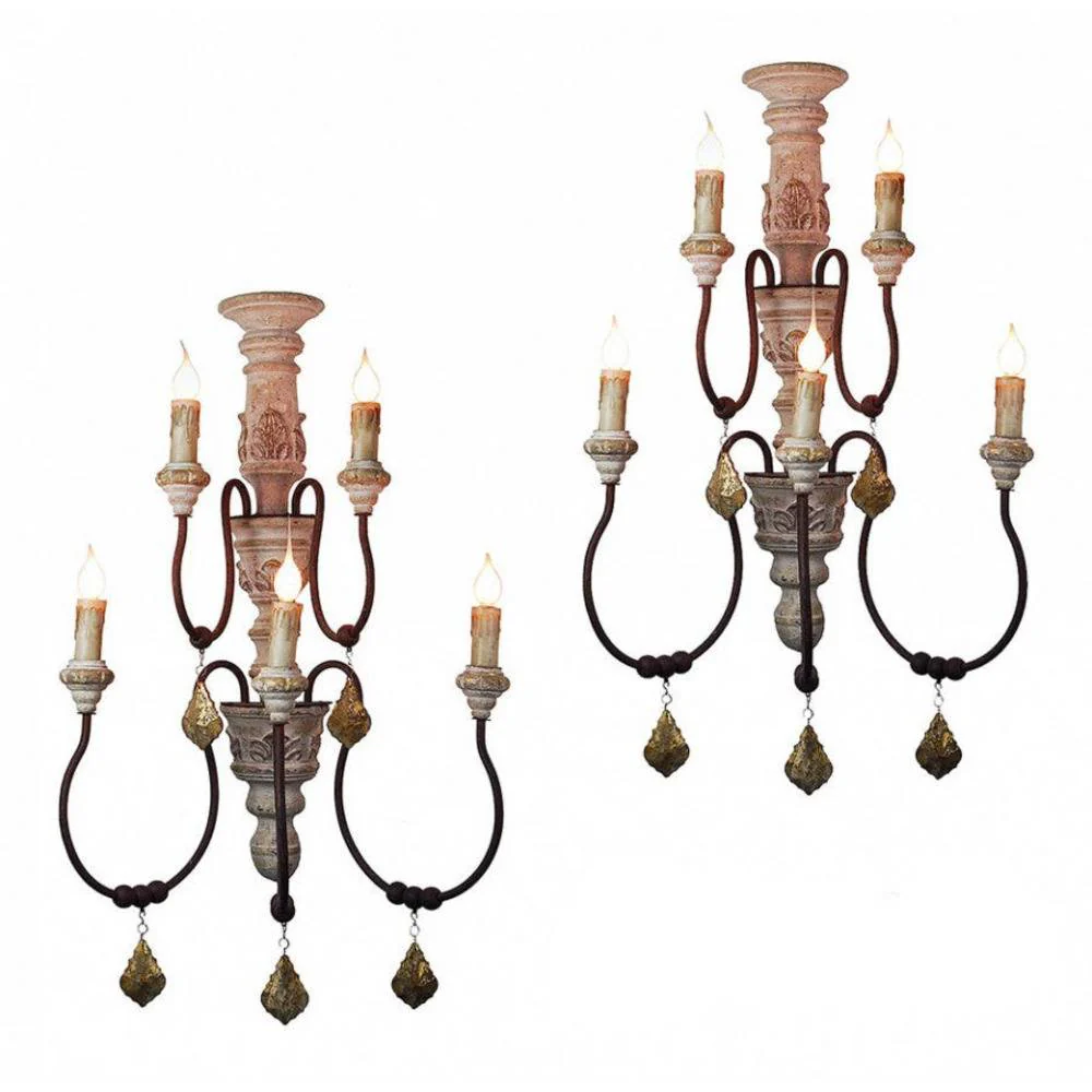 Provence Home Set of 2 Distressed White & Gold Carved Wood Antiqued Metal Wall Sconces