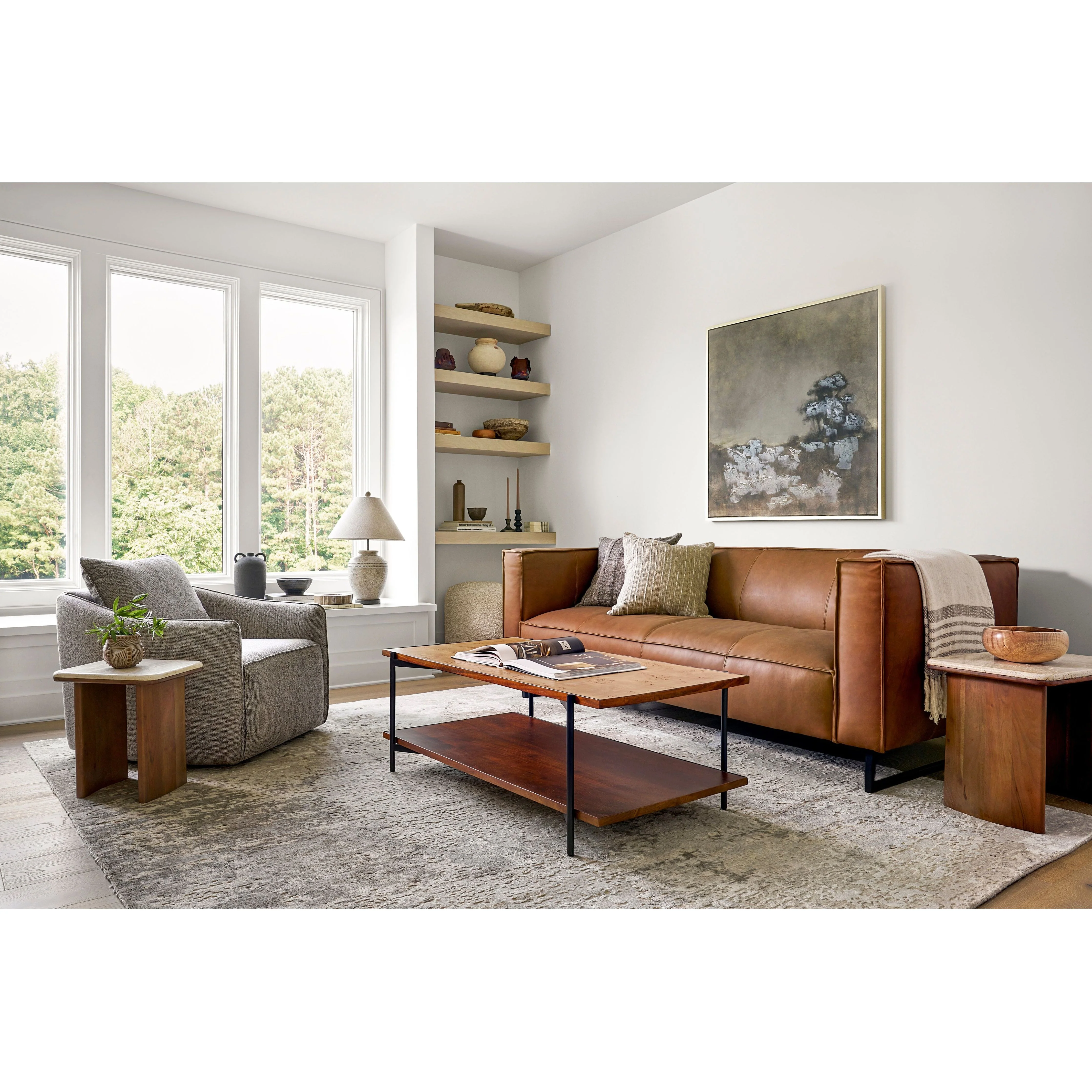 Surya Dylan Modern Cognac Brown Leather Square Arm Sofa - Image 3