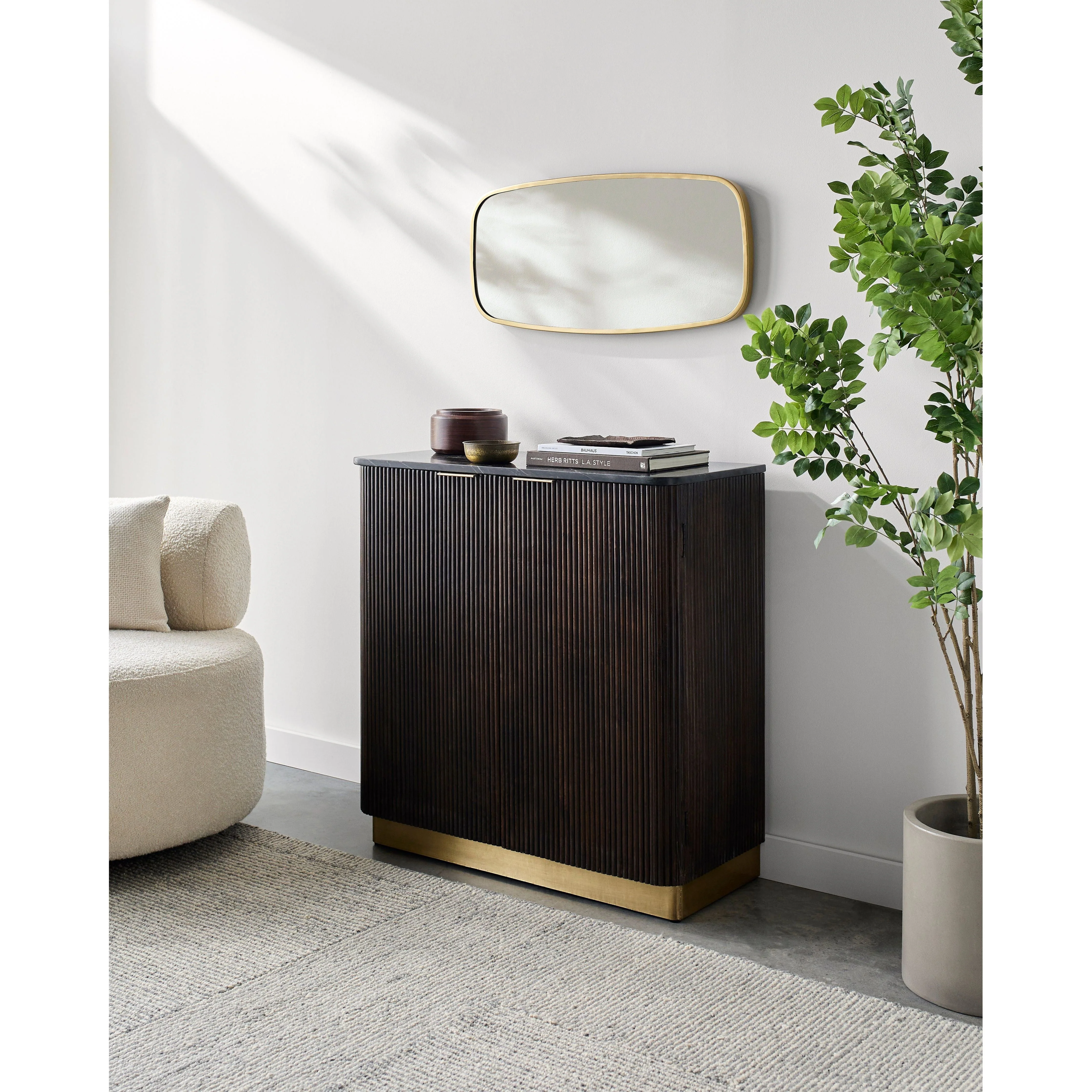 Surya Nems Modern Black Marble Top and Dark Brown Mango Wood Cabinet - Image 3