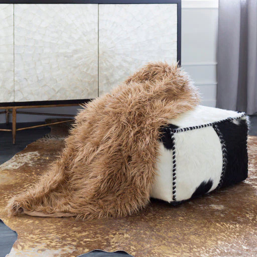 Surya Ranger Modern Hair On Hide Black And Off-White Cowhide Leather Pouf Ottoman RRPF-002 - Image 3