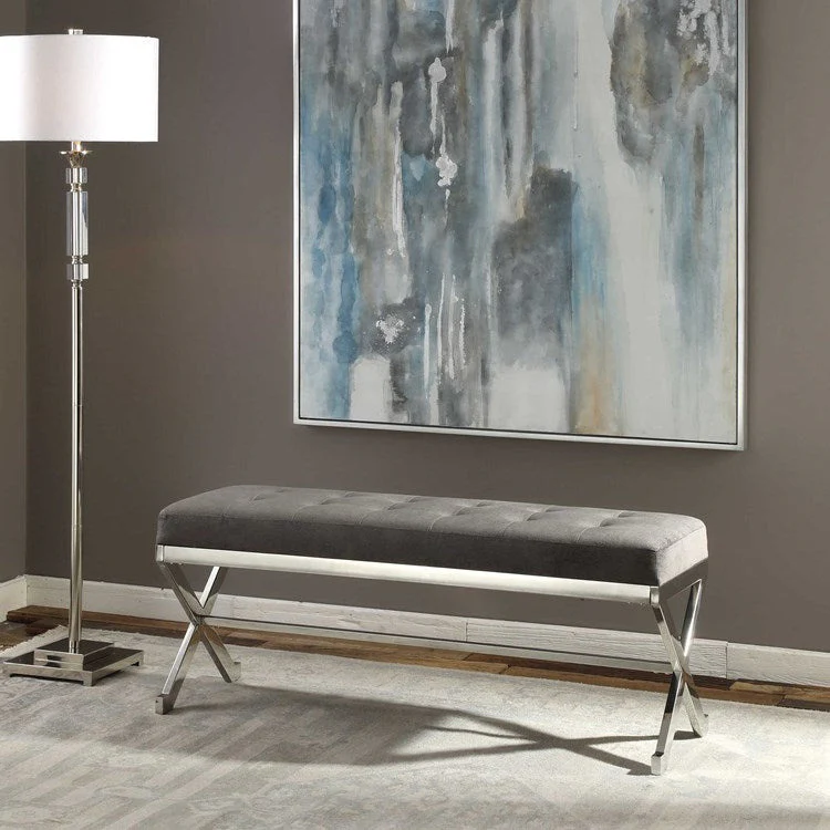 Uttermost Bijou Plush Button Tufted Gray Fabric Seat Contemporary Polished Stainless Steel Bench