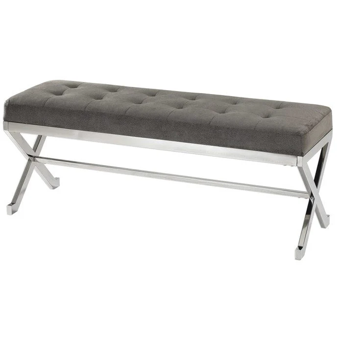 Uttermost Bijou Plush Button Tufted Gray Fabric Seat Contemporary Polished Stainless Steel Bench - Image 2