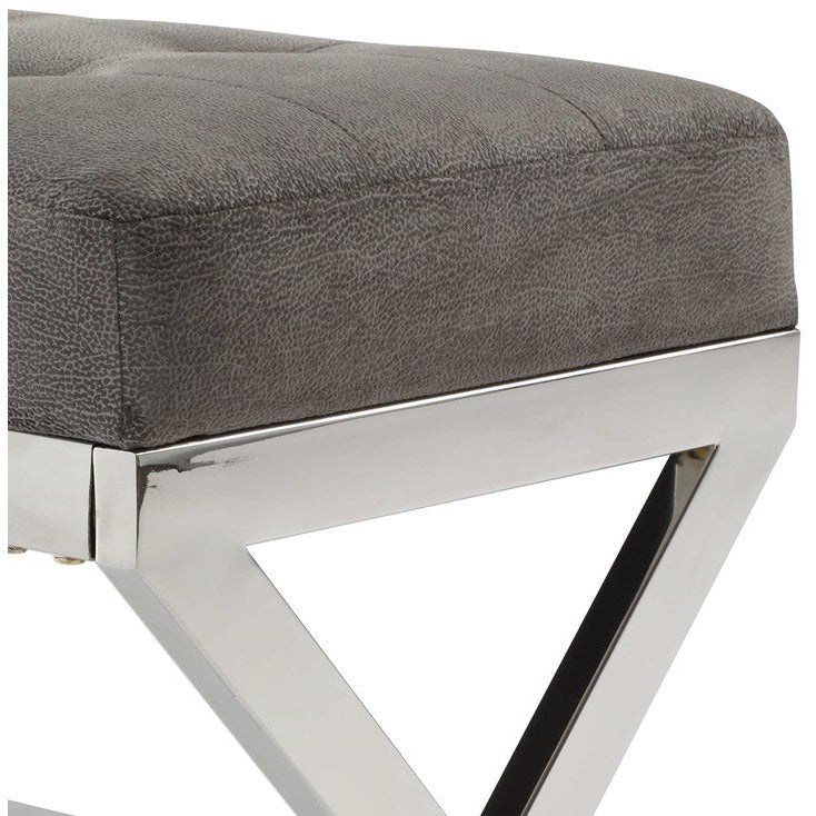 Uttermost Bijou Plush Button Tufted Gray Fabric Seat Contemporary Polished Stainless Steel Bench - Image 3