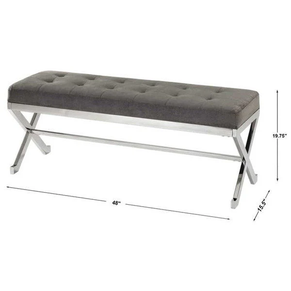 Uttermost Bijou Plush Button Tufted Gray Fabric Seat Contemporary Polished Stainless Steel Bench - Image 6