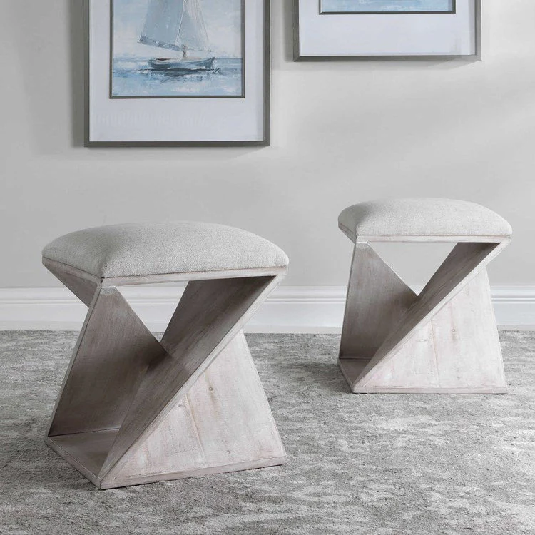 Uttermost Benue Linen Fabric Seat Weathered White Wood Accent Stool - Image 2