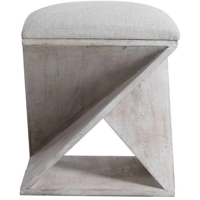 Uttermost Benue Linen Fabric Seat Weathered White Wood Accent Stool - Image 3