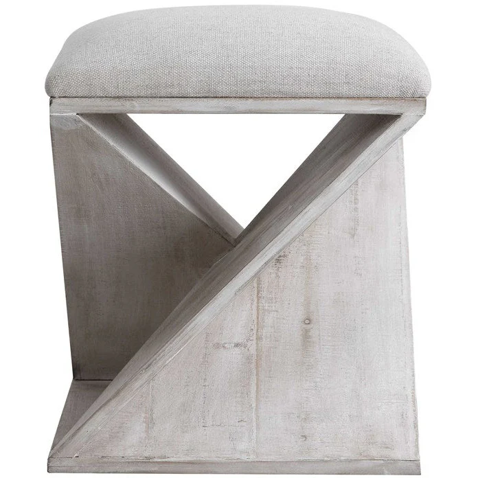 Uttermost Benue Linen Fabric Seat Weathered White Wood Accent Stool - Image 4