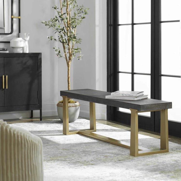 Uttermost Voyage Gray Glazed Wood Top with Brushed Brass Iron Base Bench