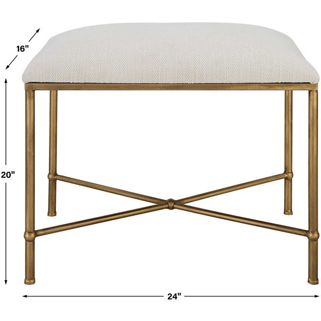 Uttermost Avenham Textured White Fabric Cushion Seat Gold Iron Small Bench - Image 5