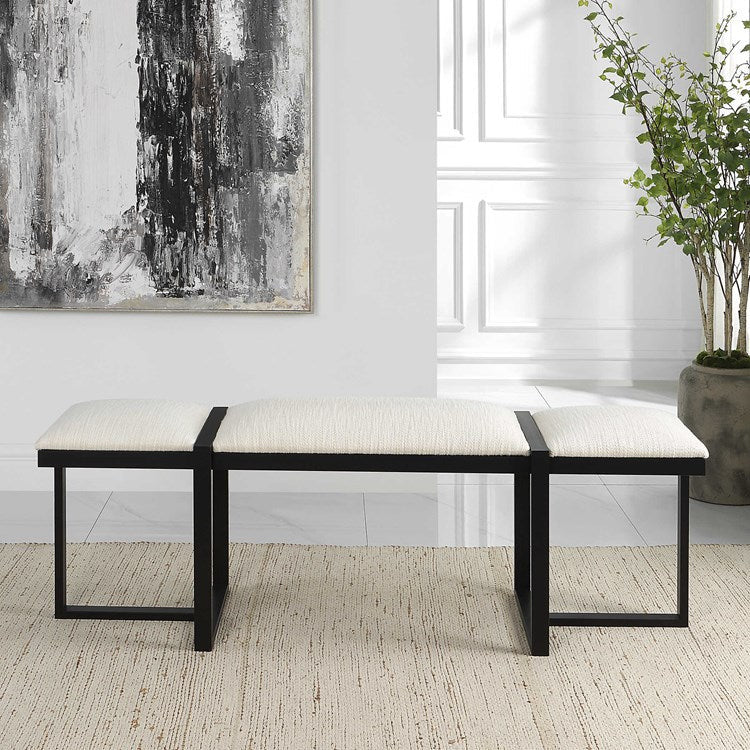 Uttermost Triple Cloud Textured White Performance Fabric Upholstered Seat Black Iron Bench - Image 4