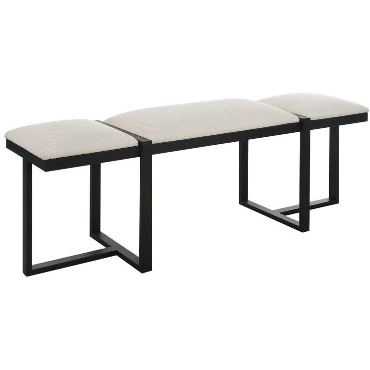 Uttermost Triple Cloud Textured White Performance Fabric Upholstered Seat Black Iron Bench - Image 5