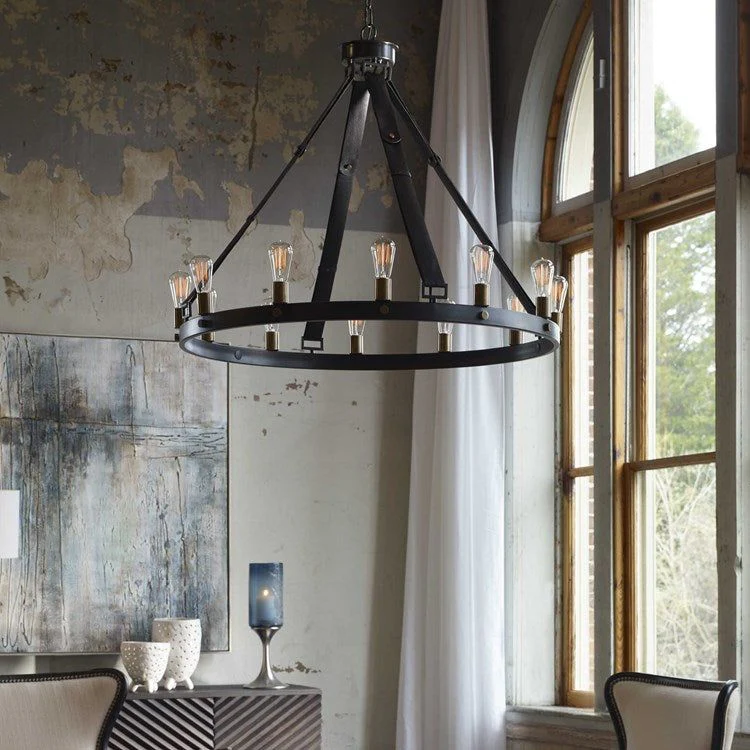 Uttermost Marlow Dark Antique and Weathered Bronze with Leather Straps 12 Light Round Chandelier