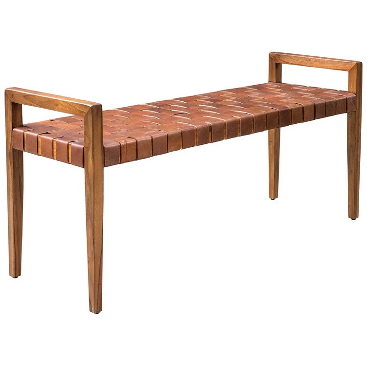 Uttermost Plait Cognac Leather Basket Weave Mid Century Modern Wood Bench - Image 2