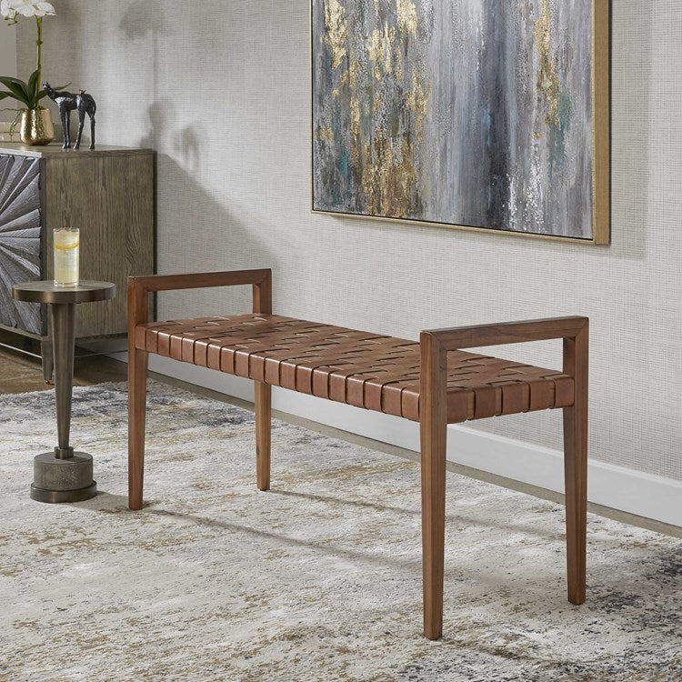 Uttermost Plait Cognac Leather Basket Weave Mid Century Modern Wood Bench - Image 3