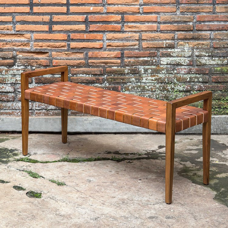 Uttermost Plait Cognac Leather Basket Weave Mid Century Modern Wood Bench - Image 4