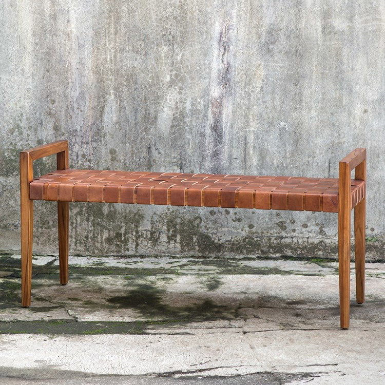 Uttermost Plait Cognac Leather Basket Weave Mid Century Modern Wood Bench - Image 5