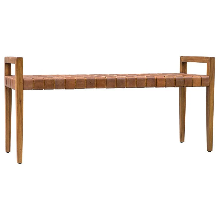 Uttermost Plait Cognac Leather Basket Weave Mid Century Modern Wood Bench - Image 6