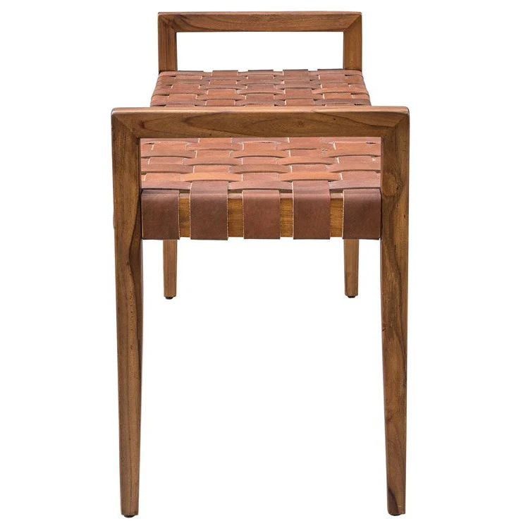Uttermost Plait Cognac Leather Basket Weave Mid Century Modern Wood Bench - Image 7