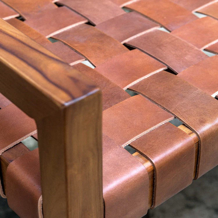 Uttermost Plait Cognac Leather Basket Weave Mid Century Modern Wood Bench - Image 8