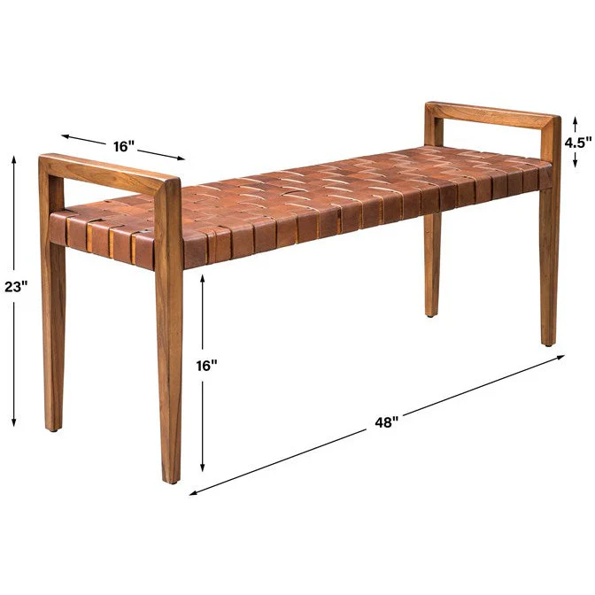 Uttermost Plait Cognac Leather Basket Weave Mid Century Modern Wood Bench - Image 9