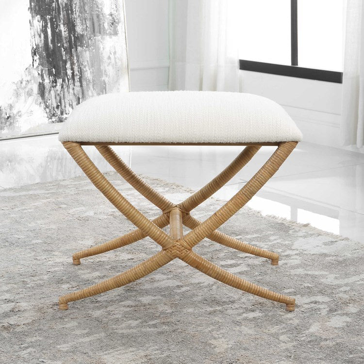 Uttermost Expedition Textured White Performance Fabric Upholstered Seat Natural Rattan Bench - Image 3