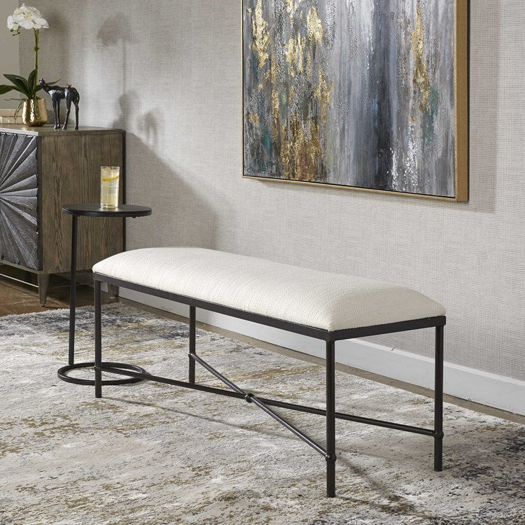 Uttermost Avenham White Textured Fabric Cushion Seat Modern Black Iron Bench