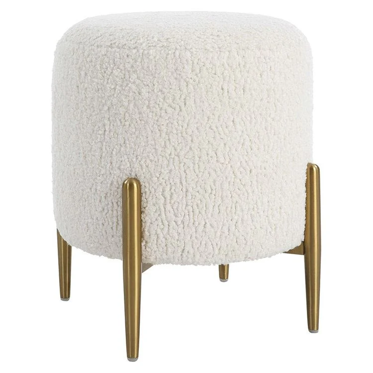 Uttermost Arles White Faux Shearling Round Ottoman with Brushed Brass Metal Legs - Image 2