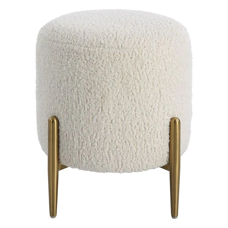 Uttermost Arles White Faux Shearling Round Ottoman with Brushed Brass Metal Legs - Image 3