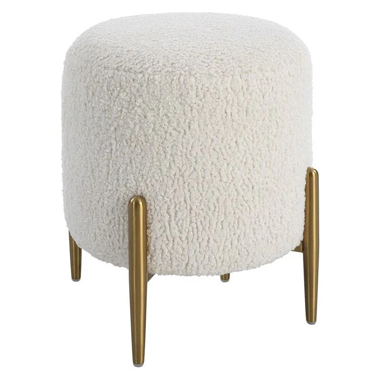 Uttermost Arles White Faux Shearling Round Ottoman with Brushed Brass Metal Legs - Image 4