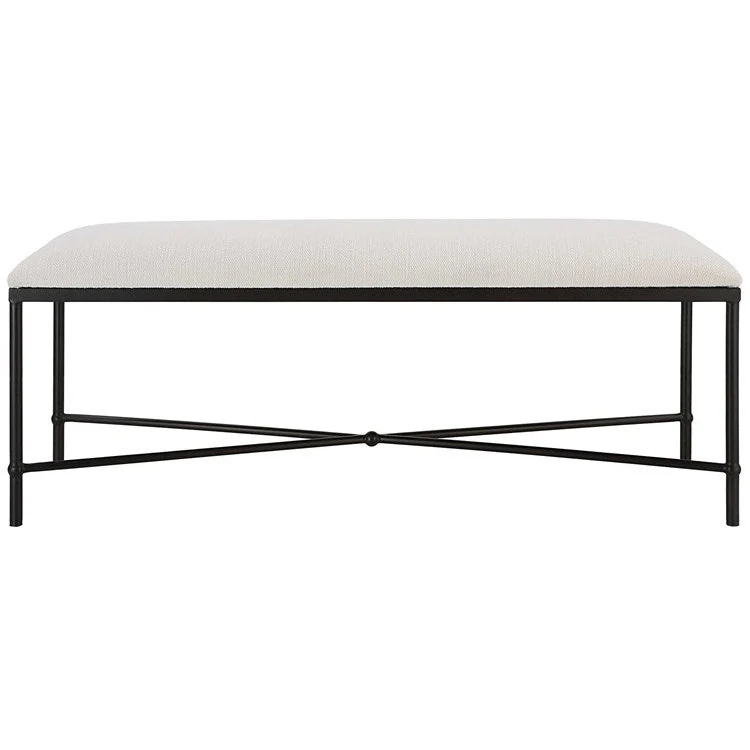Uttermost Avenham White Textured Fabric Cushion Seat Modern Black Iron Bench - Image 2