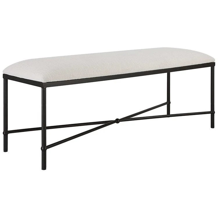 Uttermost Avenham White Textured Fabric Cushion Seat Modern Black Iron Bench - Image 4