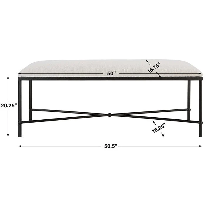 Uttermost Avenham White Textured Fabric Cushion Seat Modern Black Iron Bench - Image 6