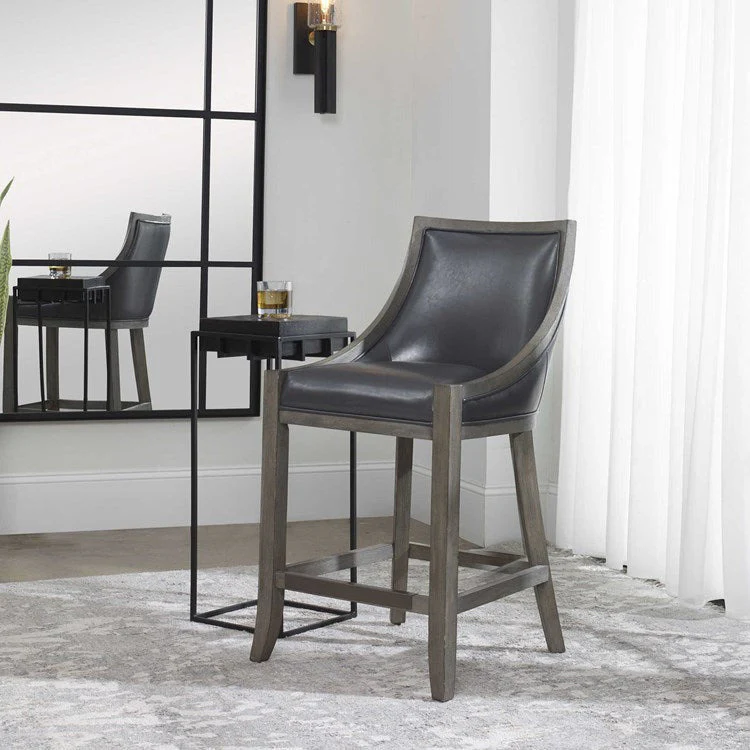 Uttermost Elowen Steel Gray Faux Leather Counter Stool With Wood Frame - Image 3