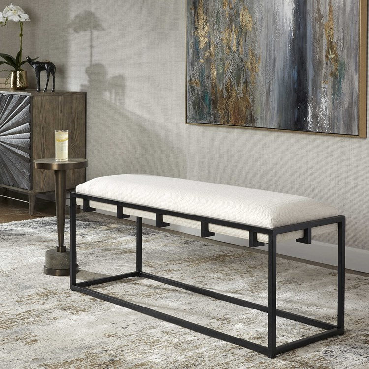 Uttermost Paradox Textured White Fabric Cushion Seat Matte Black Iron Bench