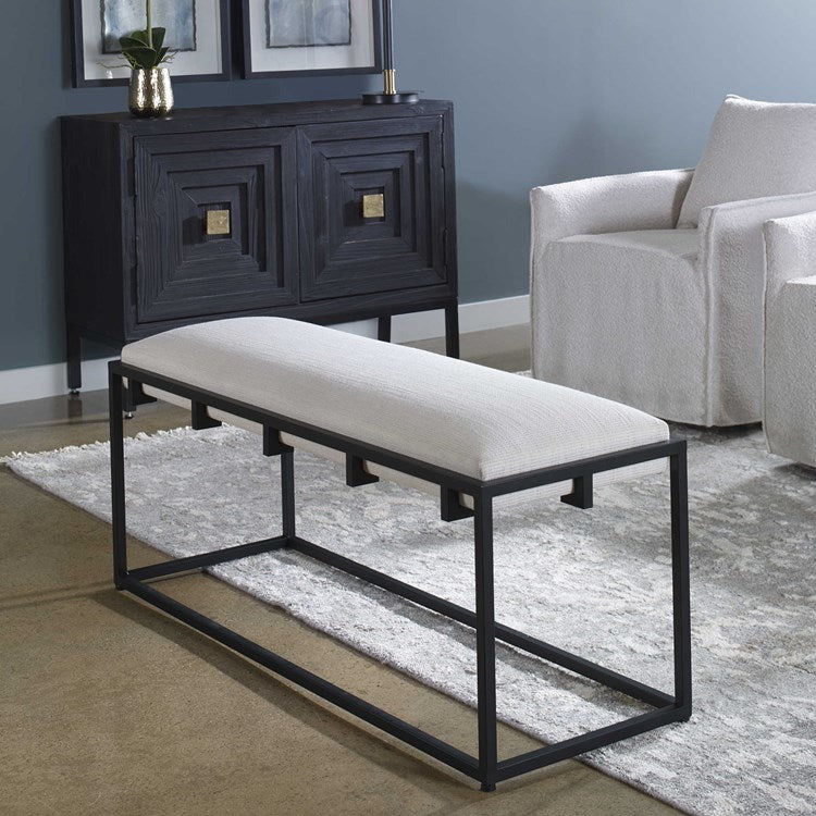 Uttermost Paradox Textured White Fabric Cushion Seat Matte Black Iron Bench - Image 2