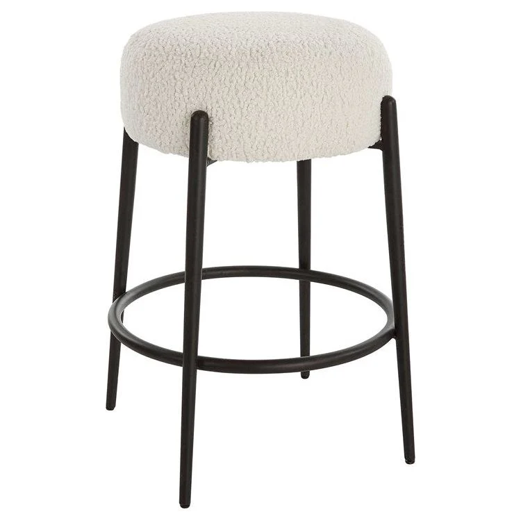 Uttermost Arles White Faux Shearling Seat Counter Stool With Black Metal Base